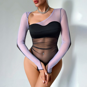 Body de malla transparente de manga larga con bloques de <span class=keywords><strong>color</strong></span> estilo Y2K, sexy, con abertura en la entrepierna, lencería de una pieza para mujer - Product Image 2