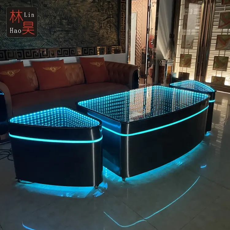 Modern Black Stainless Steel KTV Bar Lounge Night Club Table Glowing Infinity Mirror Top Table
