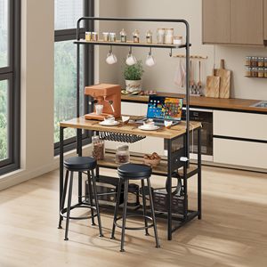 Mesa de Desayuno Industrial de Madera SENYU con 2 Taburetes, Isla de Cocina con Estante de Almacenamiento, Diseño Multifuncional - Product Image 1