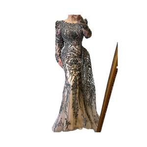 Luxe avondjurk met boothals, lange mouwen, kralen, zeemeerminmodel, kristallen zijde, baljurk voor feest, vloerlengte, sleep, gala - Product Image 4