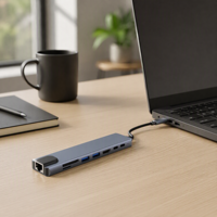 Hub USB-C 8-en-1 en alliage d'aluminium gris OEM ODM avec prise en charge USB 2.1/2.0, USB 3.0/2.0, charge PD et lecteur de carte SD - En stock