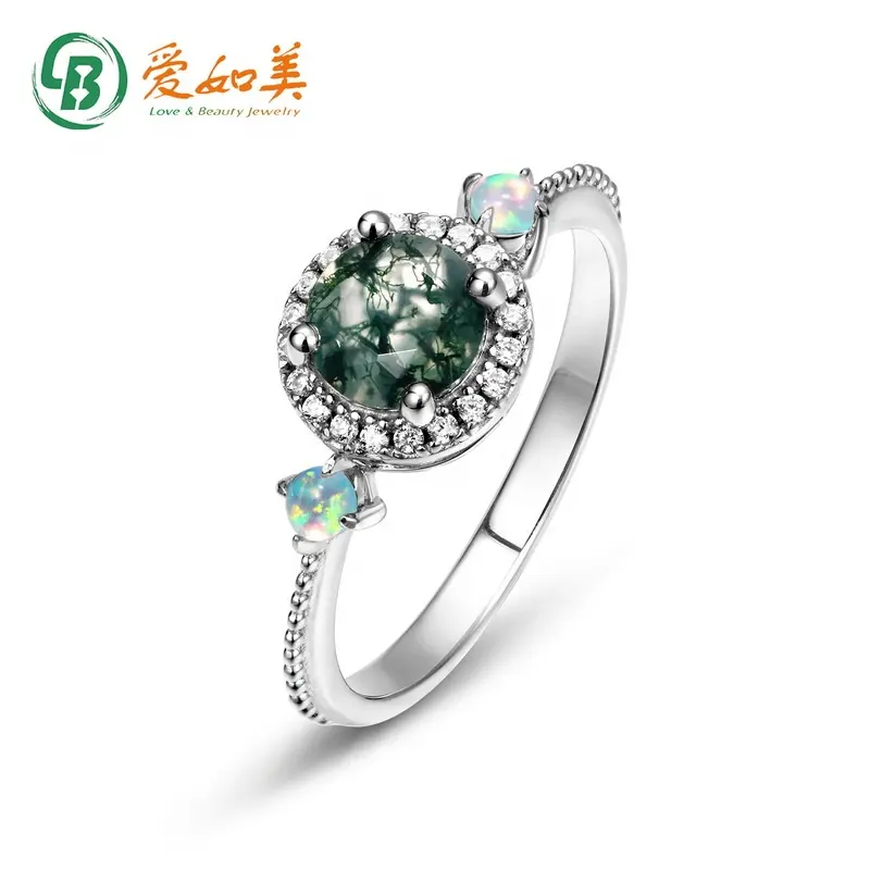 Trang Sức Đá Quý Bạc Thật 925 Nhẫn Đá Zircon Sáng Bóng Và Đá Opal Tổng Hợp Nhẫn Đính Hôn Đá Mã Não Rêu Xanh Hình Tròn