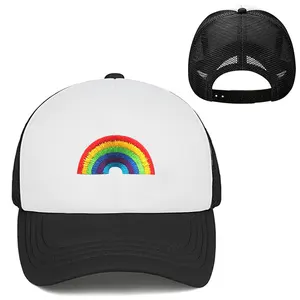 Nouvelle casquette de sport de baseball en maille éponge imprimée arc-en-ciel personnalisée 5 chapeaux de camionneur en polyester 100%