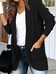 <strong>Women's</strong> Long Waffle Knit Solid Color <strong>Cardigan</strong> Anti-Pilling <strong>Waterfall</strong> with Curved Front Pockets Outfit Sweater - Product Image 3