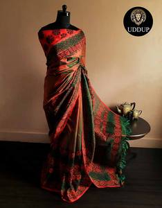 ชุดส่าหรีผ้าฝ้ายสำหรับเด็กผู้หญิงผ้าคอตตอนพิมพ์ลายสีเขียวและสีส้ม - Product Image 2