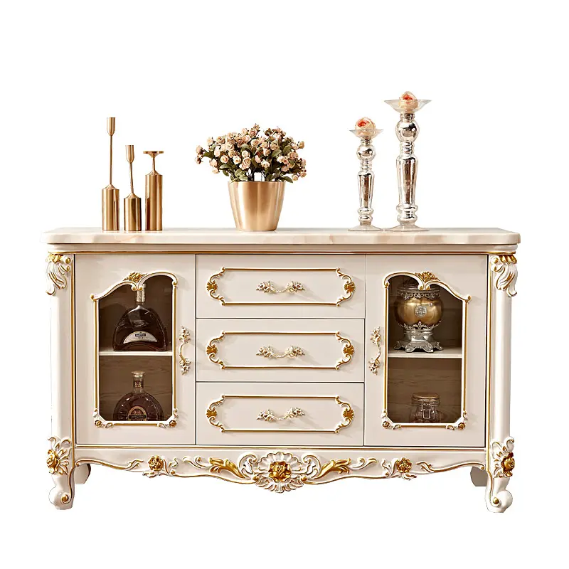 Traditional High Gloss White And Champagne Mirror Credenza Living Room Buffet Cabinet American Style Kitchen Buffet Cabinet