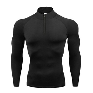Camiseta de manga larga para <span class=keywords><strong>hombre</strong></span> Europeo Americano, informal, sólida, para correr, deportes, Otoño, cuello levantado, cremallera, mono elástico - Product Image 5