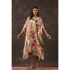 Premium Women <b>Botanical</b> <b>Print</b> Kaftan Maxi Dress Relaxed Fit Flowing Batwing Sleeve Vacation Beachwear Outfit - Product Image 1