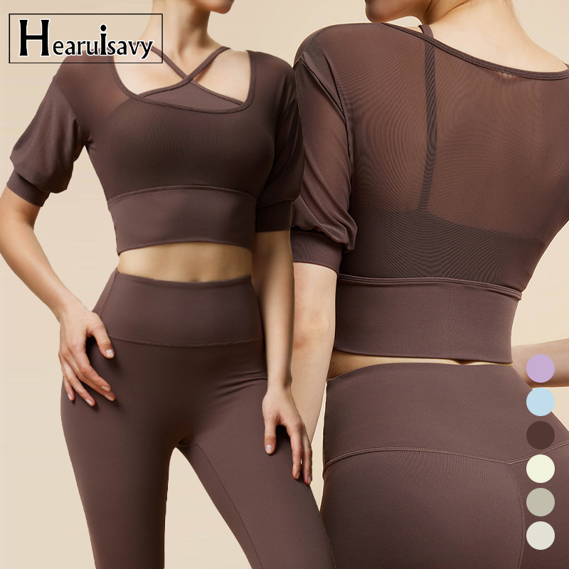 New Women's Fitness Workout Crop Short Sleeve V Neck Yoga Top Quick Dry Breathable Mesh False Two-Piece Running T-shirts Tops
