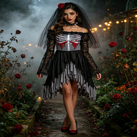Costume de mariée zombie squelette sanglant pour femme, ensemble de déguisement d'Halloween avec voile