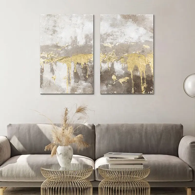 EAGLEGIFTS Home Decor Set Of 2 Luxury Gold Abstract Stretch Canvas Wall Art With Wooden Frame