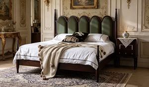 Premium Queen Size Dark Wood Spindle <b>Bed</b> With Green Velvet Five Panel Upholstered Headboard For Bedroom - Product Image 6