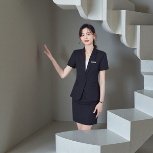 Hotel Receptionist Suit Short Sleeve <b>Black</b> Pencil Skirt Formal <b>Work</b> Uniform Anti-Wrinkle Woven Fabric - Product Image 1
