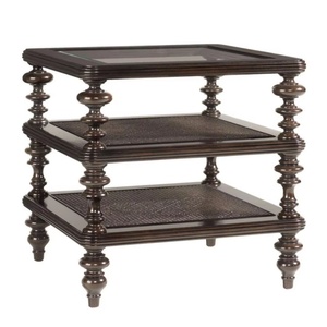 Table d'appoint classique artisanale à 3 étagères en osier et bois avec finition foncée et plateau en verre pour salon et hôtels - Product Image 1
