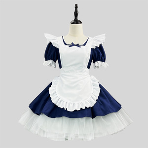 Classic Angel Maid Dress White Navy Blue Lolita Style With Apron And Headband For Cosplay Costume - Product Image 2