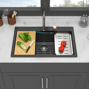 Ensemble d'évier de cuisine moderne sous plan 33x19 pouces, évier simple en <span class=keywords><strong>granit</strong></span> composite de quartz noir avec égouttoir - Product Image 1