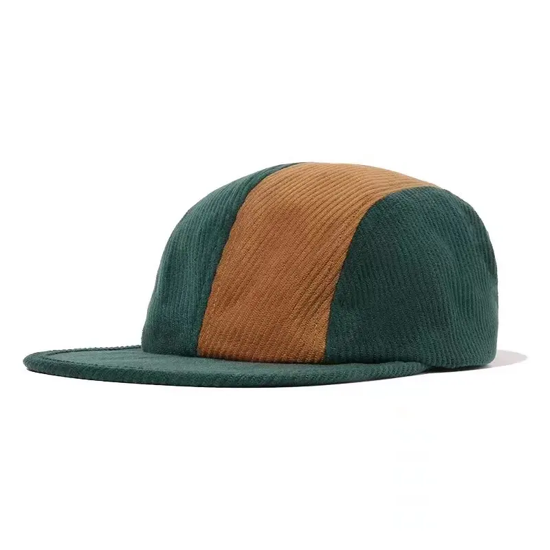 Street Style Alta Qualidade Logotipo De Couro Personalizado Patch 4 Painel Colorblock Patchwork Corduroy Camp Cap E Chapéu