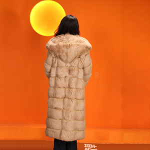Manteau classique en fourrure de lapin Rex longue avec capuche pour femme, manteau en fourrure brillant, magnifique et doux - Product Image 6