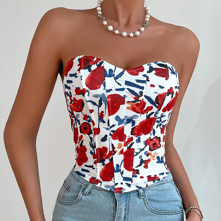 Low Moq Sexy Bloemenprint Esthetische Bustier Korset Fabrikant Tube Top