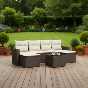 Set Divano da Giardino in Rattan Marrone con Cuscini Crema, Arredamento da Esterno dal Design Contemporaneo, Impermeabile e Resistente ai Raggi UV in Rattan PE - Product Image 2