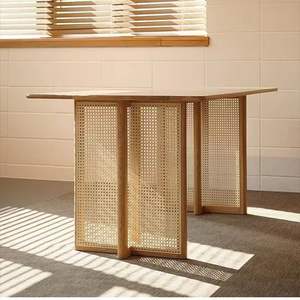 Approvisionnement d'usine Table de salle à manger <span class=keywords><strong>en</strong></span> bois massif populaire Table rectangulaire Tables de dîner de restaurant <span class=keywords><strong>en</strong></span> rotin avec double socle <span class=keywords><strong>en</strong></span> rotin - Product Image 6