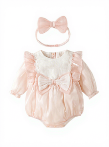 Body Primaverile per Neonata a Maniche Lunghe con Pizzo, Tutina con Fascia per Capelli e Fiocco, <span class=keywords><strong>Abbigliamento</strong></span> per <span class=keywords><strong>Bambina</strong></span> - Product Image 1