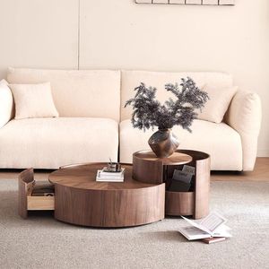 Modern Round Walnut Coffee <b>Table</b> Set Living Room Decor Wabi Sabi Style Designer Furniture - Product Image 3