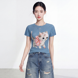 เสื้อยืดคอกลมแขนสั้นผู้หญิง ผ้าโพลีเอสเตอร์ระบายอากาศได้ดี พิมพ์ลายการ์ตูนแมว ทรงปกติ สไตล์ลำลอง น่ารัก สำหรับฤดูใบไม้ผลิและฤดูร้อน - Product Image 4