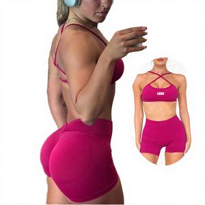 ชุดออกกำลังกายโยคะสำหรับผู้หญิง กางเกงขาสั้นเอวสูงแบบรักษ์โลก ผ้าเนื้อเดียว โลโก้ด้านหน้า เอวยางยืด แห้งเร็ว เหมาะสำหรับออกกำลังกายที่ยิม - Product Image 3