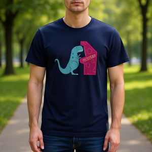 T-shirt Irony blu scuro con design grafico di dinosauri e asteroidi, unisex, promozionale - Product Image 3