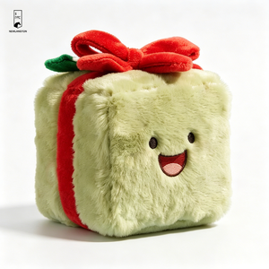 Boîte cadeau en peluche vert sauge avec visage souriant brodé, ruban rouge, jouet décoratif kawaii pour les fêtes - Product Image 1