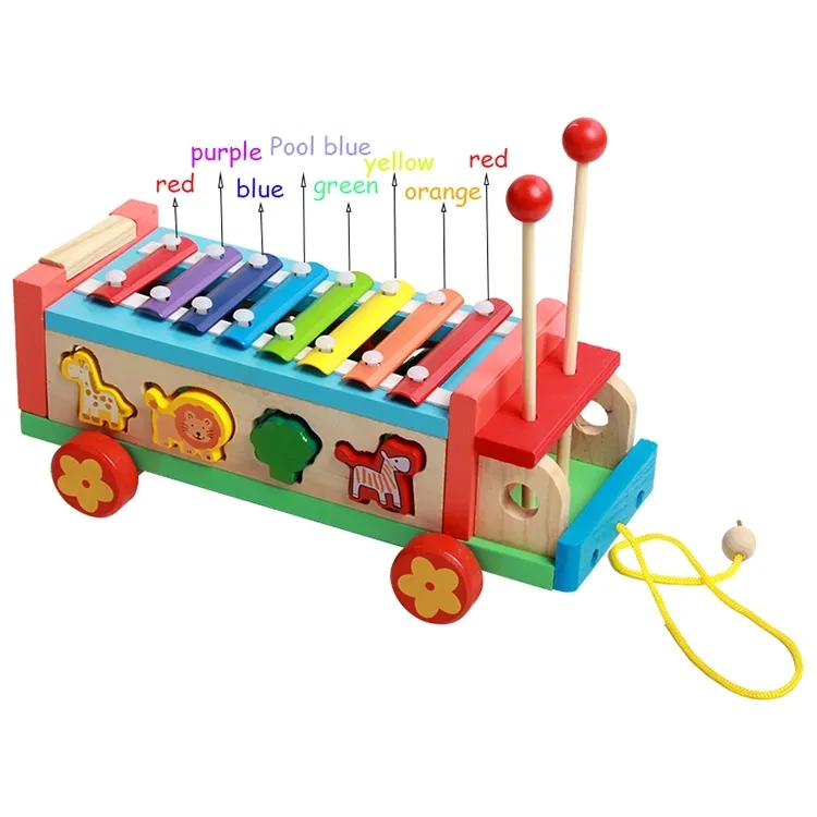 Children's wooden animal drag car music piano hand knocking piano toys