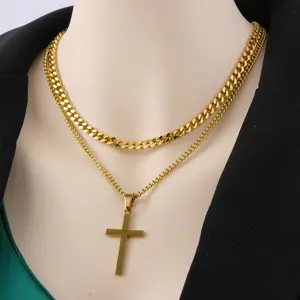 Vintage Double Layer Gold Plated Cross Cuban Necklace Stainless Steel Miami Cuban Link Chain Cross Necklace For Men