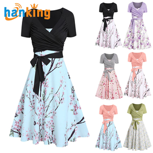 Ehanking Ensemble de 2 pièces pour femmes décontracté robe simple pour dames hauts plissés solides et robe à bretelles spaghetti à imprimé floral - Product Image 2