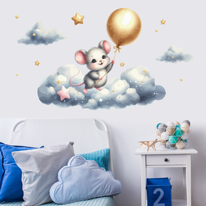 Autocollant mural petite <span class=keywords><strong>souris</strong></span> avec étoiles et nuages, autocollants muraux pour chambre d'enfant, salon, vinyle auto-adhésif amovible - Product Image 4