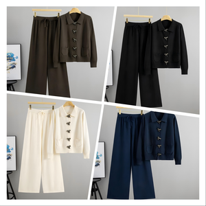Kore tarzı yaka fiyonklu örgü viskon/polyester takım kadın sonbahar/kış yeni uzun kollu hırka geniş paça pantolon - Product Image 2