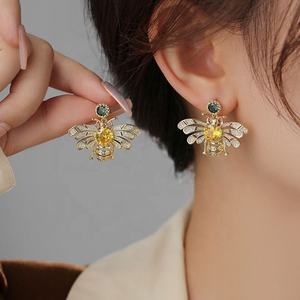 Copper Gold S925 Silver Needle Zircon Geometric <b>Bee</b> Stud Earrings 14K Gold Plated High Grade Exquisite Trendy Light Luxury - Product Image 1