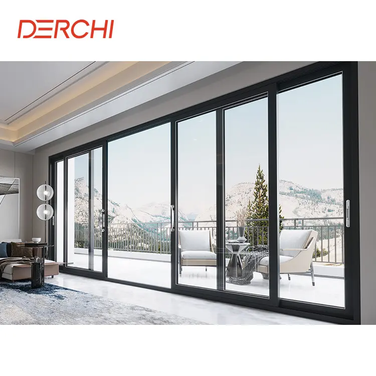 DERCHI Fournisseur Intérieur Patio Double Vitrage Mince Cadre en Aluminium Porte Extérieur Balcon Ascenseur Système de Portes Coulissantes en Verre