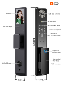 Cerradura Inteligente para Puerta de Entrada de Aleación de Aluminio con Certificación IP65, WiFi, Reconocimiento Facial 3D, Huella Dactilar, Nube Digital, Pantalla Grande con Video - Product Image 2