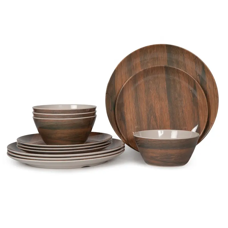 Wood grain look plastic melamine table ware, outdoor picnic dinnerware melamine dinar set