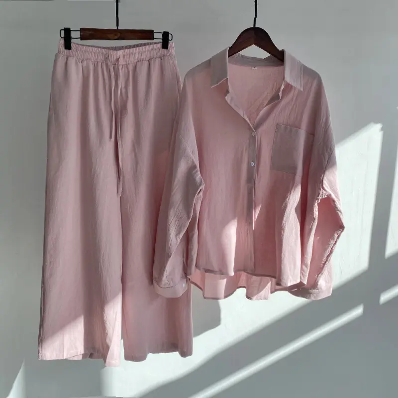 Женский комплект из двух предметов, 2024 хлопчатобумажная льняная рубашка с высокой талией, свободные брюки большого размера