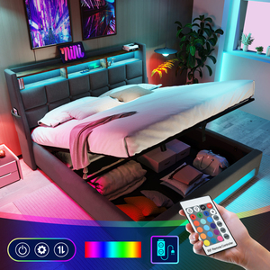 Cama de plataforma tapizada de tamaño completo con sistema de almacenamiento hidráulico, carga LED y USB - Product Image 2