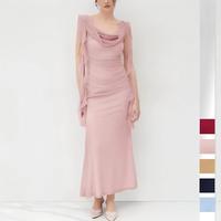 Gaun Maxi Wanita Tanpa Lengan Berbahan Mesh, Kerah Cowl, Punggung Terbuka, Bodycon, Ruffle Samping, Untuk Pesta, Malam, Koktail, Klub, Grosir OEM