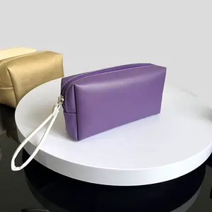 Özel logo makyaj çantası kalem kutusu mor deri taşınabilir seyahat reklam hediye tuvalet güzellik kozmetik torba çanta
