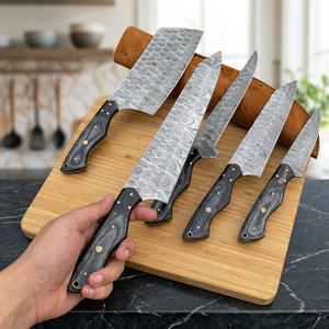 Ensemble de couteaux en acier Damas 5 pièces, manche en bois, lames droites, couteaux de chef, lame polie, ambidextres - Product Image 1