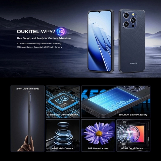 Original 6.6inch Oukitel WP52 5G Rugged Phone, 4GB+256GB, Android 14.0 MediaTek Dimensity 6100+ Octa-core, NFC, OTG