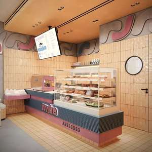 Diseño Interior Personalizado de Cafetería Estilo Memphis, Muebles Curvos Orgánicos para Cafetería, Azulejos de Microcemento y Terrazo, Instalación Llave en Mano - Product Image 1