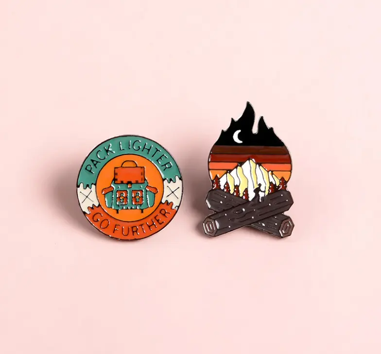 Custom Creative Cartoon Landscape Badge Mountain Adventure Camping Pin Soft Enamel Brooch