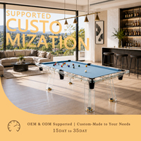 Table de billard haut de gamme en verre transparent, sur mesure, moderne, de luxe, avec pieds en verre trempé, plateau en ardoise, poches en cuir véritable, pour usage commercial intérieur.
