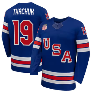 Camiseta de Hockey de EE. UU. para Hombre, Azul Rey, Blanco y Rojo, 19 Tkachuk, Bordado Completo, Equipo de EE. UU. - Product Image 1